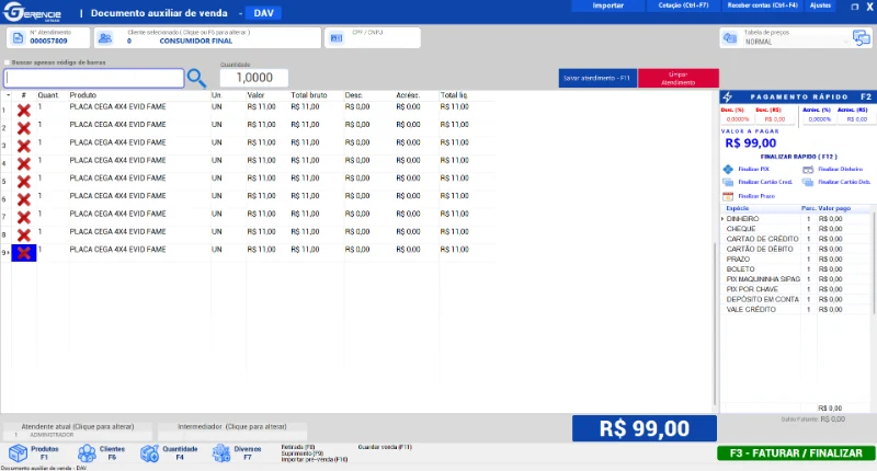 Frente de caixa (DAV) do ERP Gerencie com pagamento rápido e NFC-e