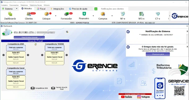 Painel do Retaguarda com a notificação da validade do certificado digital